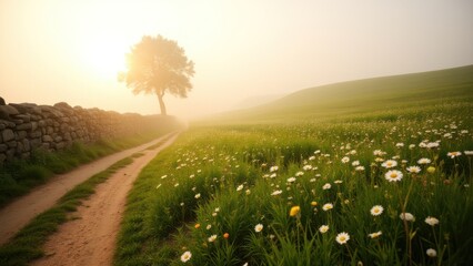 A lone tree in the field with daisies