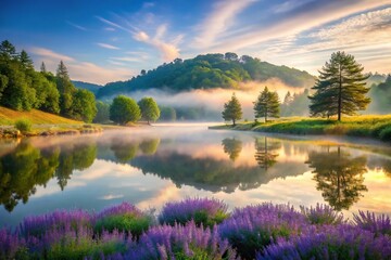 Obraz premium A tranquil lake at dawn with a misty veil lifting to reveal a serene landscape of rolling hills and towering trees surrounded by lavender blooms, hills, trees, scenery