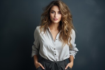 A woman with long hair is wearing a white shirt and gray pants. Generative AI