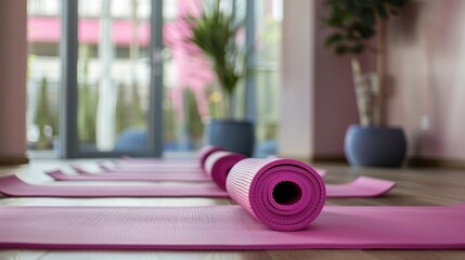 A set of pink yoga mats arranged in a serene studio space, ready for a calming meditation session