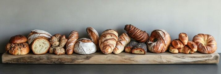 A variety of freshly baked breads and pastries arranged on a rustic wooden board, showcasing...