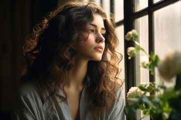 Fototapeta premium A woman with long hair is looking out the window. Generative AI