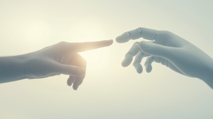 Two hands reach toward each other in a symbolic gesture of connection and unity in a soft, ethereal light setting.