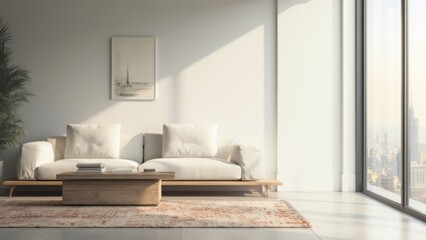 A living room with a large window and white furniture