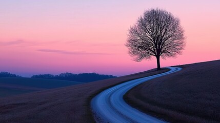 A solitary tree stands beside a winding path under a pastel sunset sky, evoking tranquility and the beauty of nature.