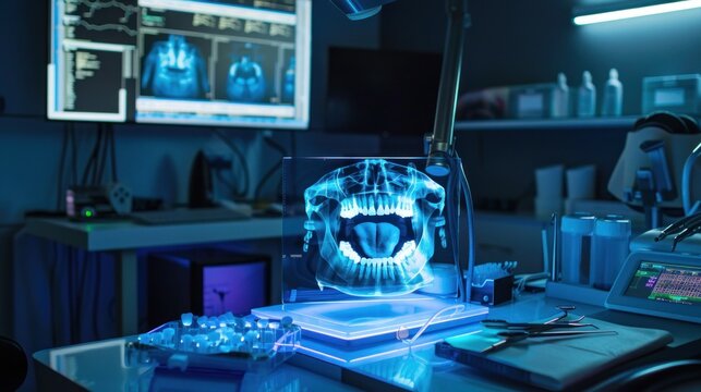 A sleek dental setup with a glowing digital teeth model and futuristic tools, capturing the innovation