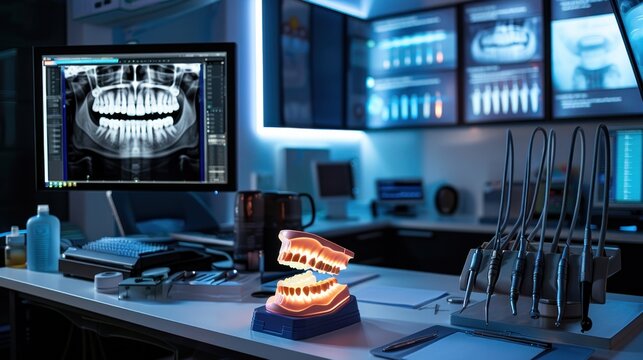 A sleek dental setup with a glowing digital teeth model and futuristic tools, capturing the innovation