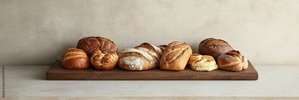 Poster an array of freshly baked bread and pastries is beautifully arranged on a rustic wooden board, highl