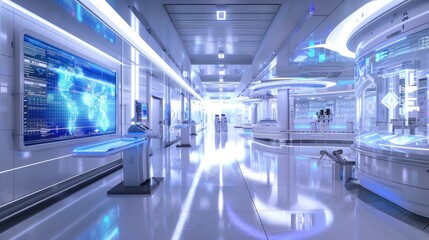 A sleek, futuristic medical facility with advanced technology, glowing screens, and high-tech medical devices