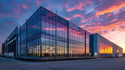 A sleek industrial building at dusk, with glass and metal elements reflecting the vibrant hues of a sunset