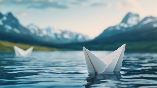 A serene scene of paper boats floating on calm water, surrounded by majestic mountains and lush greenery under a clear sky.