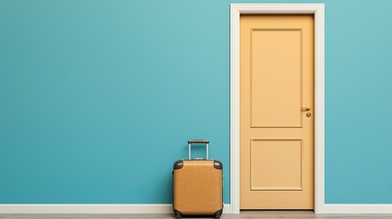 A minimalist scene featuring a tan suitcase beside a yellow door against a blue wall, evoking travel and anticipation.