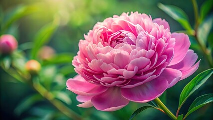 Close-up of a single pink peony flower with intricate details, greenery, foliage, garden, colors
