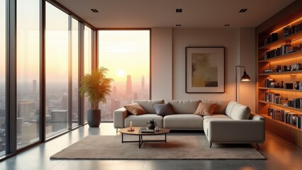 A living room with large windows overlooking the city