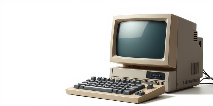 Close up of vintage computer monitor screen with path, vintage technology, keyboard