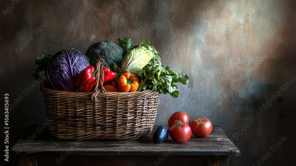 Poster the wicker basket showcases an abundance of fresh vegetables and fruits, enhancing the rustic charm 