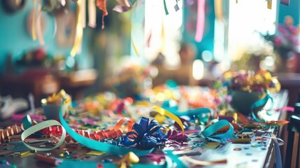 Fototapeta premium A charming mess of defocused papers ribbons and embellishments covering the tables.