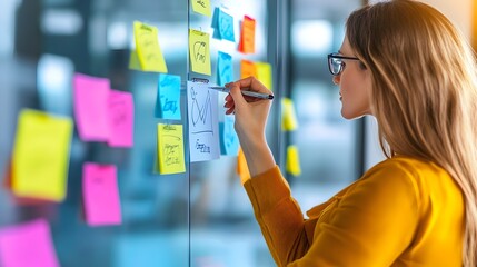 Focused Businesswoman Strategizing Ideas on Glass Wall for Collaborative Planning