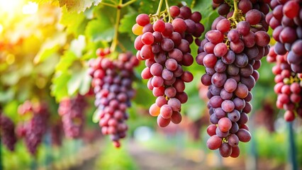 Close-up of juicy red grapes hanging from a vine in the vineyard, farm, luscious, fruit