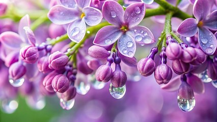 Fototapeta premium Close-up of lilac flowers dripping with dew, plant life, droplets