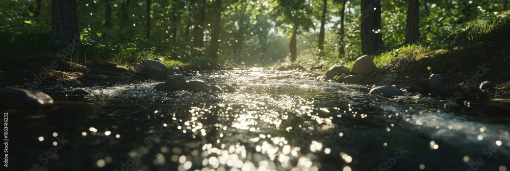 Poster sunlight glints off a flowing stream in a lush forest.
