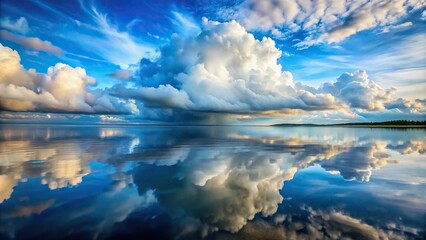Fototapeta premium Clouds with a layered and stratified appearance, contrasting with the calmness of the lake surface below, serene lake, stratified clouds, reflective surface, natural landscape