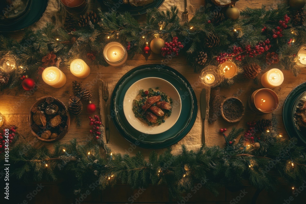 Poster the table is elegantly set with a variety of christmas dishes, surrounded by glowing candles and dec