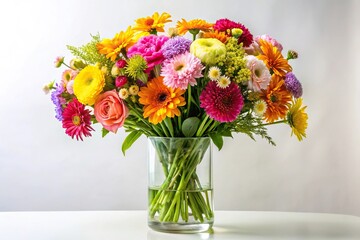 Colorful bouquets of long-stemmed flowers arranged in a glass vase with a white background, vase, celebration, colorful, petals