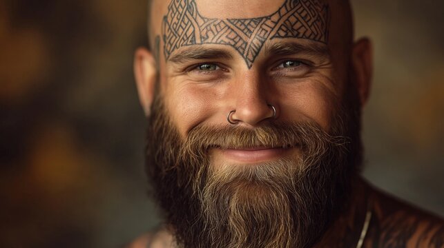 Portrait of a Man with Intricate Facial Tattoos and Beard for Artistic Expressions