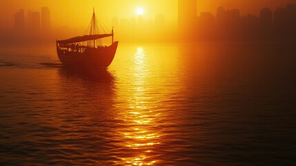 Sunset Over Water with Silhouette of a Fishing Boat