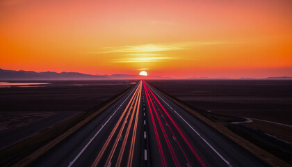Obraz premium Blurred rays of light from cars passing along the highway at dawn. View from above. Scenery.