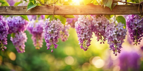 delicate lilac flowers hanging from a wooden trellis, floral, garden, floral motifs, flower garland