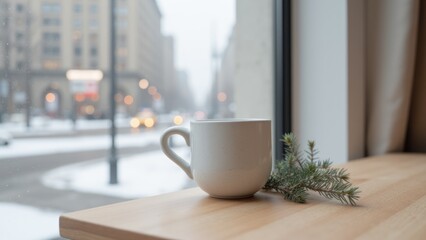 Obraz premium A cup of coffee sits on the window sill