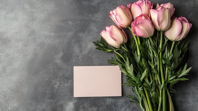 A bouquet of pink roses beside a blank card on a textured gray background, perfect for invitations or heartfelt messages.