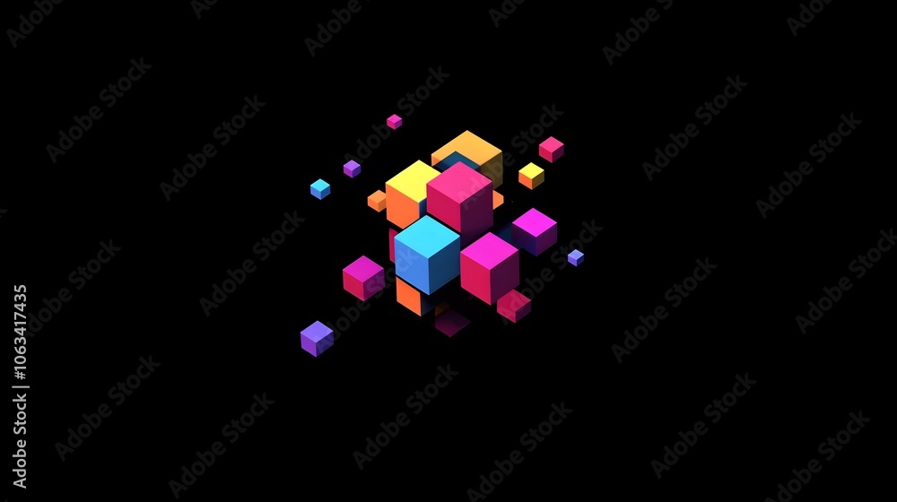 Poster colorful rotating 3d cubes loading animation on black background
