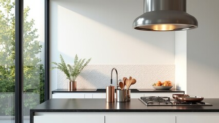 A modern kitchen with white counter tops and black appliances