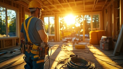 As the sun sets, a construction worker stands in a partially built home, organizing tools and cables, ensuring everything is ready for the next phase of work.