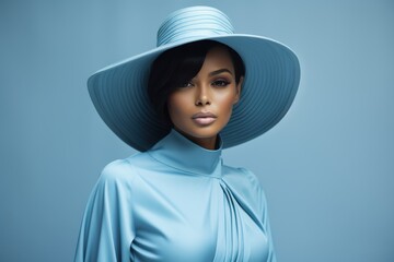 A woman wearing a blue hat and a blue dress poses for a photo. Generative AI