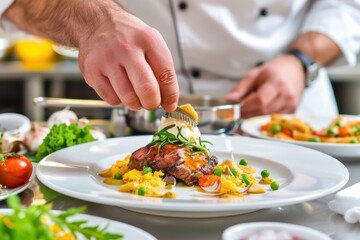 Chef garnishing gourmet steak dish with vegetables and herbs in restaurant kitchen