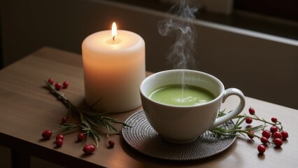 A cup of green tea with holly berries and candles