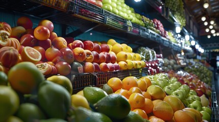 A vibrant array of fruits sits next to an empty stand, prepared for product display in a market or retail environment