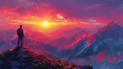 A hiker stands at the top of a mountain, watching the sunrise paint the sky with shades of pink and orange. The valley below is covered in mist, and the hiker takes a deep breath, feeling on top of th