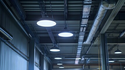 Industrial setting with LED lighting and energy-efficient systems reducing power usage in a manufacturing space