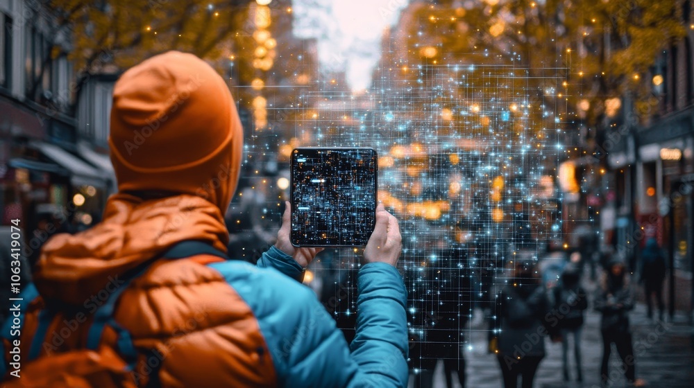 Poster young man exploring city with interactive map on tablet, augmented reality navigation