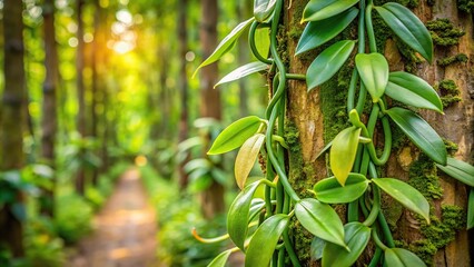 Obraz premium Extreme close-up of vanilla vines growing over a tree trunk in agroforestry setting