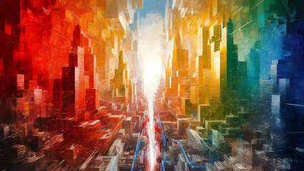 Fototapeta premium An abstract artwork that captures the essence of a bustling and vibrant cityscape. The piece is a kaleidoscope of bright and vivid colors, including red, orange, yellow, green, and blue