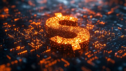 A luminous dollar sign emerges from a digital landscape filled with bright, glowing elements, representing innovation in finance and technology, set against a dark background.
