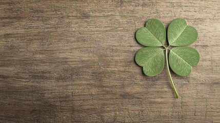 A vibrant four-leaf clover rests on a wooden surface, symbolizing luck and prosperity against a natural backdrop.