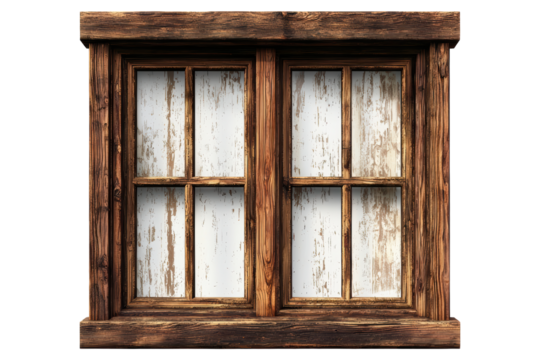 A window with wooden frames and white curtains isolated on transparent or white background, png