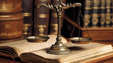 Legal Scales and Notepad on Bookshelves Representing Law and Jurisprudence